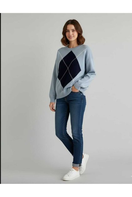 Women's Crew Neck Diamond Pattern Trendy Sweater Brown _Beige