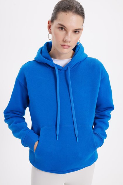 Women's Oversized Wide Cut Cotton Soft Textured Fleece Inside Basic S Cobalt Blue K Hooded Sweatshirt
