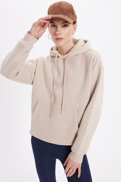 Women's Oversized Wide Cut Cotton Soft Textured Fleece Inside Basic Beige K Hooded Sweatshirt