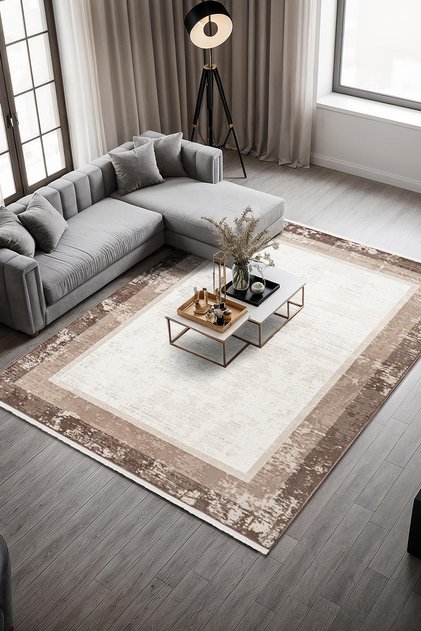 Valera CT003ABej Halı Kahverengi Kenar Çerçeveli Akrilik Tozuaz Modern Salon Halısı Yatak Odası