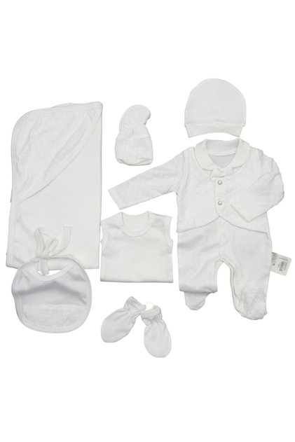 White cotton baby set, 7 pieces, with blanket and hat