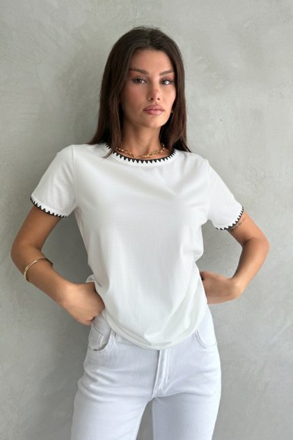 T-Shirt with Crochet Detail on the Collar and Sleeves