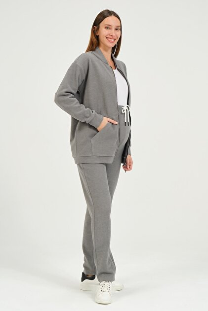 طقم بدلة رياضية للحوامل من Mom Fit بجيب أمامي بسحاب، مصنوع من قماش ناعم، لون أنثراسايت