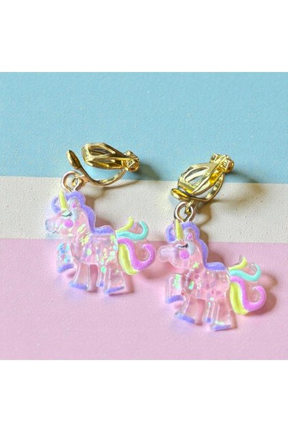 Pullu pembe Unicorn kıstırmalı klipsli çocuk küpesi