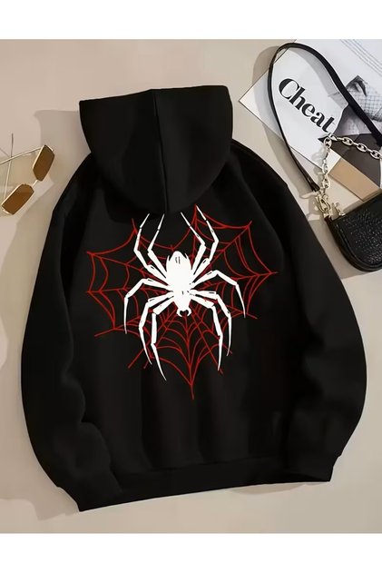 Black Spider Graphic Red Network Print Pattern Hooded Sweatshirt