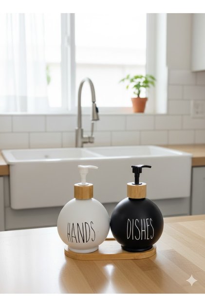Luxury Liquid Soap Dispenser with Bamboo Stand, Set of 2, 450ml, Black and White