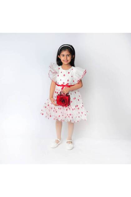 white dress with red floral print