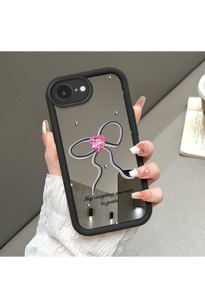 iPhone 16E Compatible Drop-Resistant Black Silicone Case with Mirror Surface and Ribbon Patterns