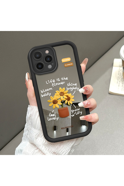 iPhone 14 Pro Max Compatible Drop Resistant Black Silicone Case Mirror Face Floral Patterns
