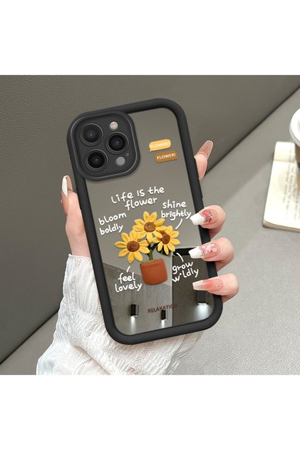 iPhone 15 Pro Max Compatible Drop Resistant Black Silicone Case Mirror Face Floral Patterns