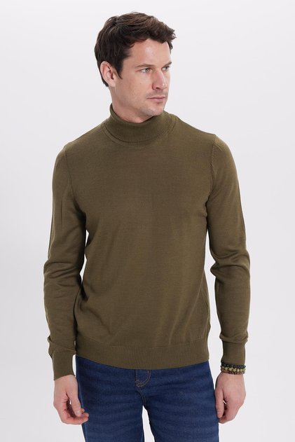 Men's Slim Fit Full Turtleneck Plain Wool Khaki Knitwear Sweater
