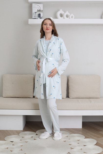 3-Piece Maternity Pajama Set with Floral Pattern - Hospital Discharge Set with Nursing Detail