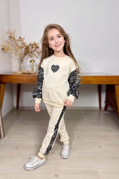 Girl's Crew Neck Cream Tracksuit Set with Heart Sequin Embroidery on the Sleeves and Chest