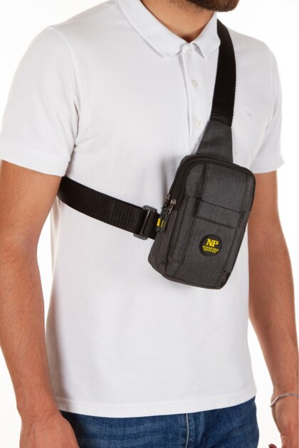 Men's Linen Fabric Belgrat Crossbody Chest and Shoulder Bag with Phone Compartment - Black - Yellow