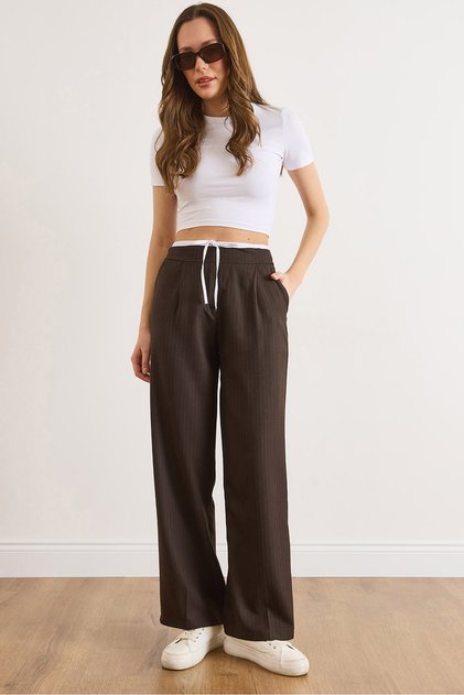 Women's Brown Boxer Detailed Striped Flowy Palazzo Pants Pnt-19000389