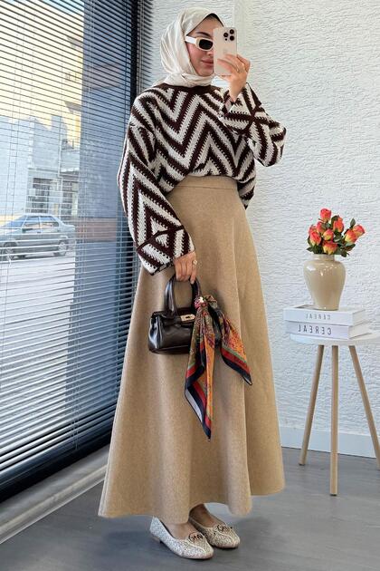 Premium Cashmere Flared Skirt - Beige