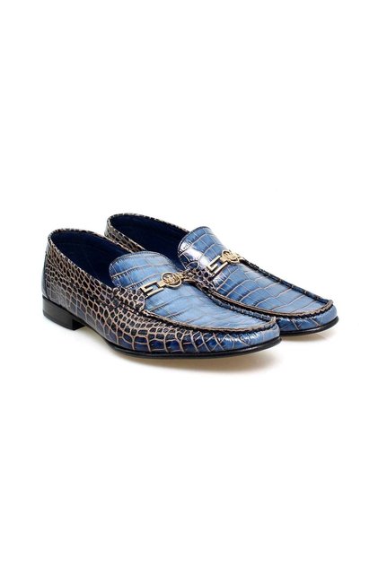 Blue Color Laceless Genuine Leather Men's Shoes