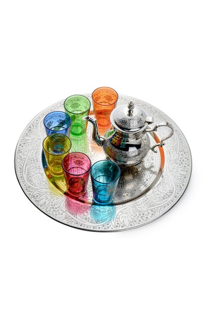 Moroccan Brass Tea Serving Tray Set with Silver Teapot & 6 Multicolor Glasses