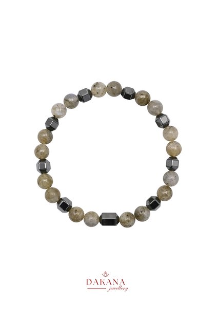 Certified Labradorite Stone 6 mm Faceted Hematite Men's Natural Stone Bracelet