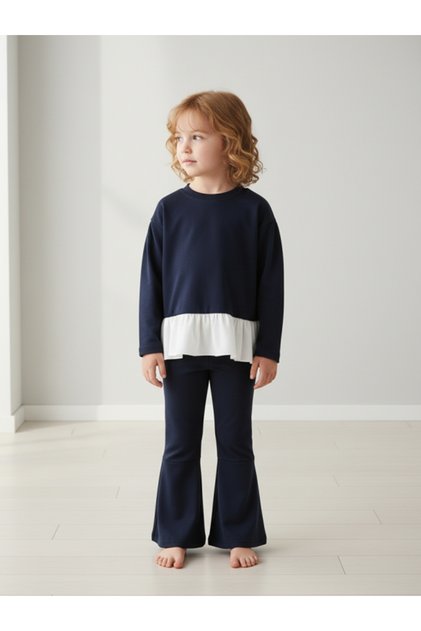 Girls Solid Ruffle Hem Sweatshirt with Flare Pants Set