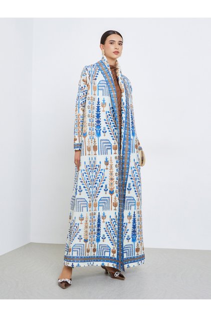 All-Over Printed Textured Pleated Long Sleeve Abaya