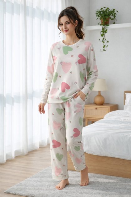 Colorful Heart Patterned 3 Thread Ş Fleece-Lined Pajama Set