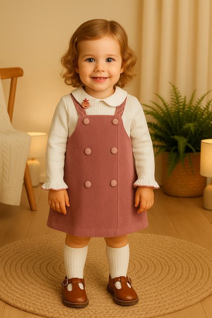 Rochie din catifea pentru fetiță, cu bretele, cu detaliu căpșuni, cu mâneci lungi, set de 2 piese