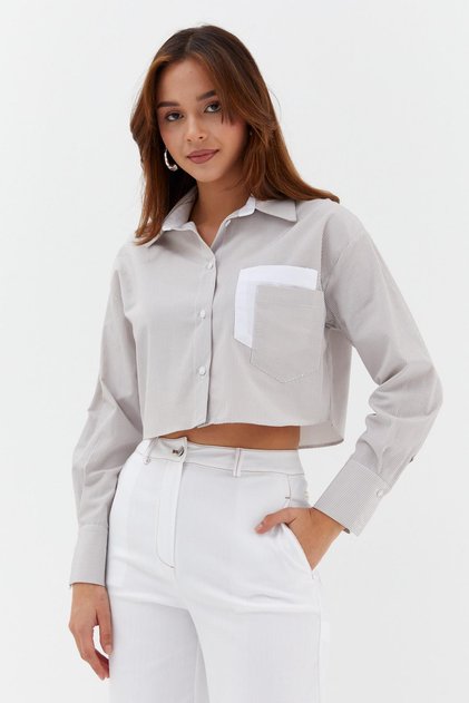 Striped Double Pocket Crop Beige