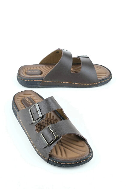 Double Buckle Men's Massage Sole Anatomical Slippers Brown