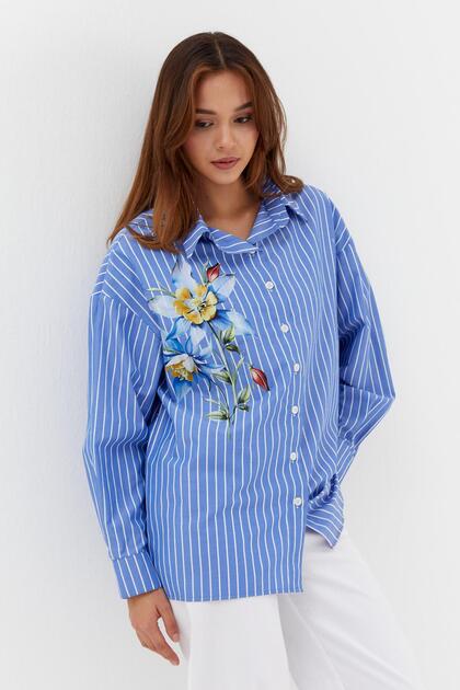 Flower Printed Oversized Shirt Indigo