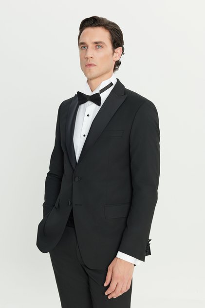 Erkek Siyah Slim Fit Dar Kesim Çıkma Kırlangıç Yaka Kapak Cepli Damatlık Smokin Takım