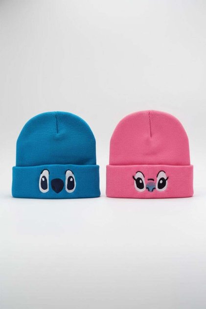 Blue and Pink Cute Lilo & Stitch Face Couple Beanie
