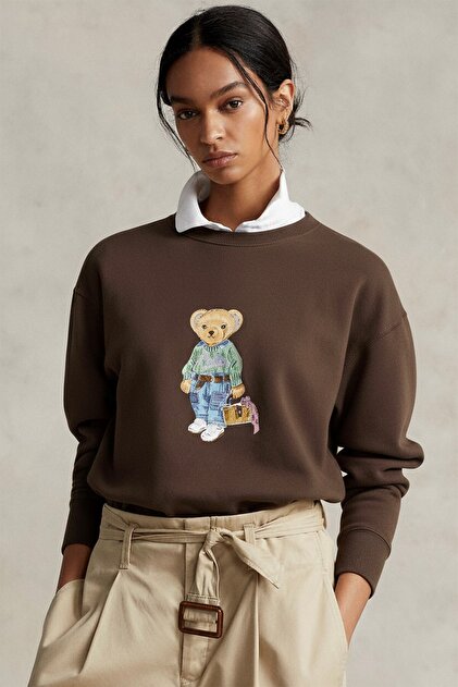 Women's Oversized Sweatshirt Weekend Bear 3D Printed Brown – Crew Neck, 3 Thread Ruched