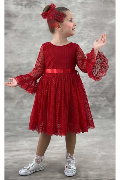 Girl's Polka Dot Detailed Princess Red Dress with Transparent Tulle Sleeves