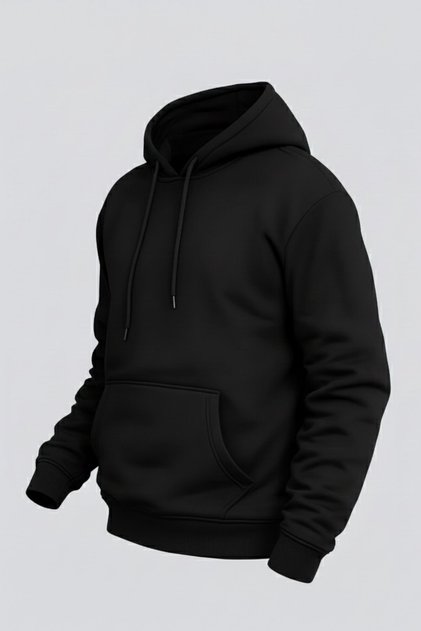Erkek Rahat Basic Siyah Kapşonlu Sweatshirt
