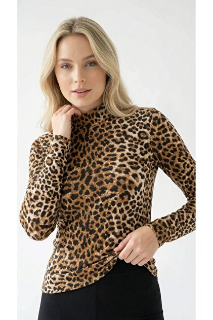 Women's Leoparda Pattern Mock Neck Long Sleeve Viscose Elastane Blouse