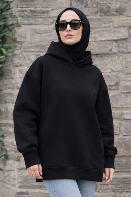 Siyah Pamuklu Kapüşonlu 3 İplik Şardonlu Kalın Sweatshirt