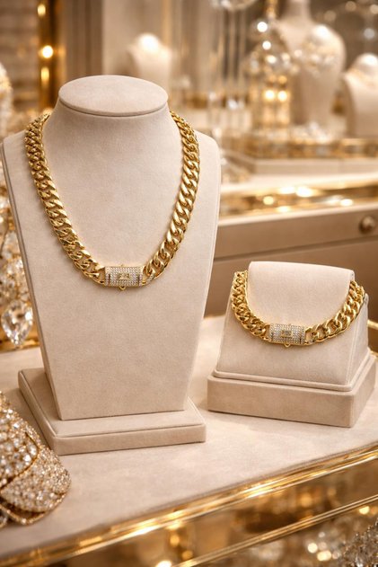 14 ayar altın kaplama çelik kuyumcu model zirkon taşlı gold kolye-bileklik seti