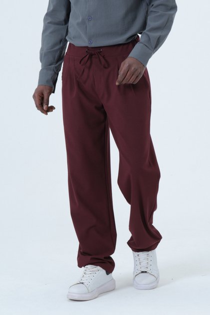 Lace-Up Pleated Oversized Wide Leg Baggy Burgundy Trousers