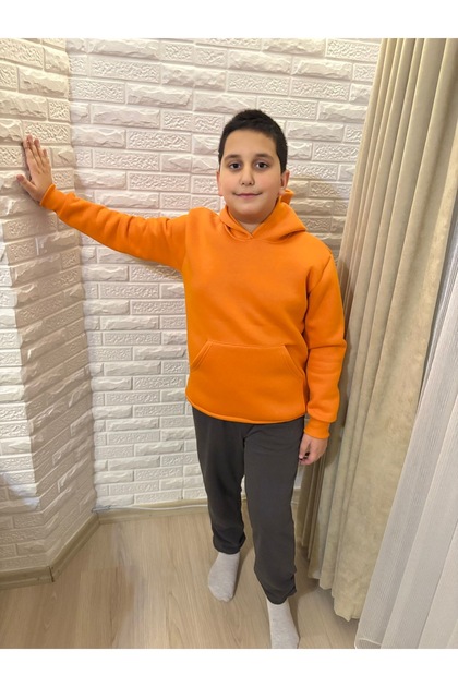 Turuncu oversize kapşonlu unisex sweatshirt içi şardonlu