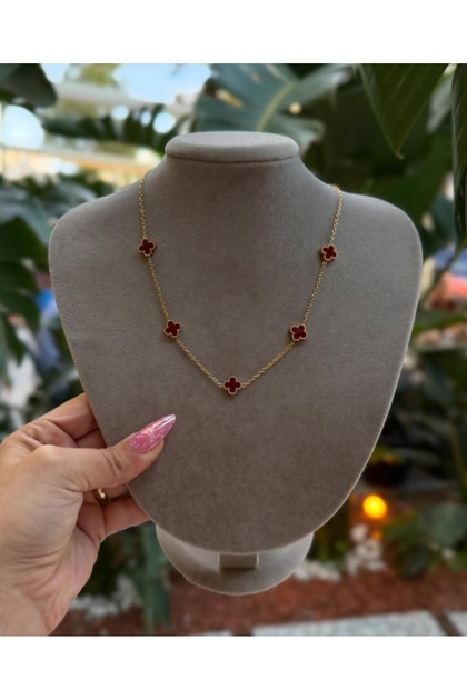 Gold Mini Bordo Yonca Model Çelik Kolye