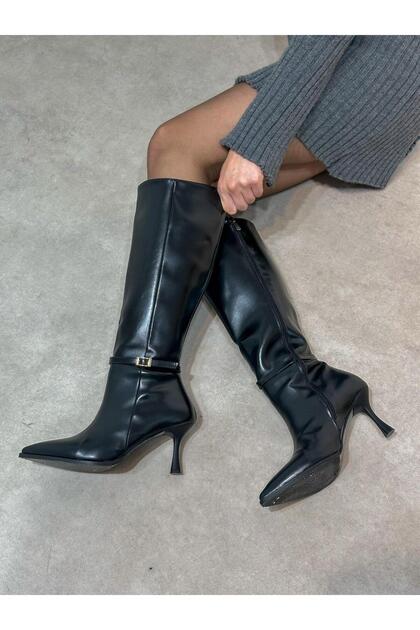 Black Leather (Roi) Gold Buckle Detailed Heeled Women's Boots