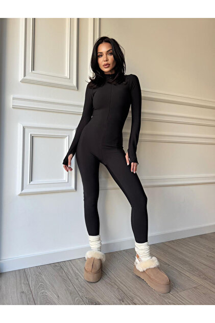 Salopetă modelatoare vătuită ALMA, neagră, cu mâneci lungi, mulată