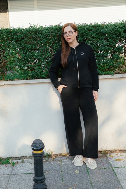 Women's Black Winter Zippered Hooded Custom Embroidered Comfortable Velvet 2-Piece Set