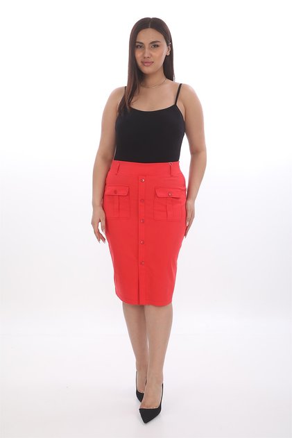 Women's Red Summer Elastic Waist Snap Front & Flap Knee-Length Skirt