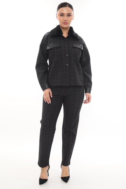 Women's Black Winter Buttoned Fur Collar Pocketed Leather Paneled Striped Top and Bottom Set