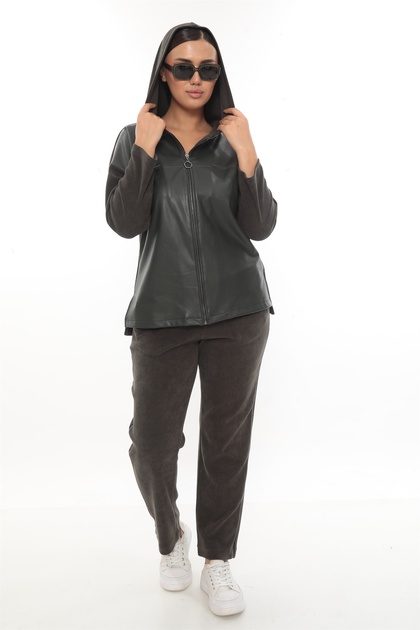 Women's Khaki Winter Zippered Faux Leather Paneled Piece Velvet Set with Elastic Waist