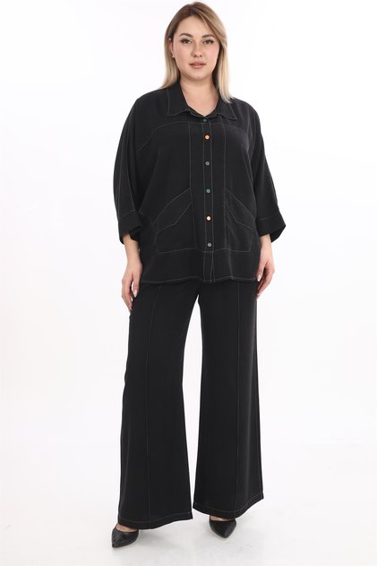Women's Black Summer Buttoned Elastic Waist Loose Leg Wide Leg 2-Piece Set