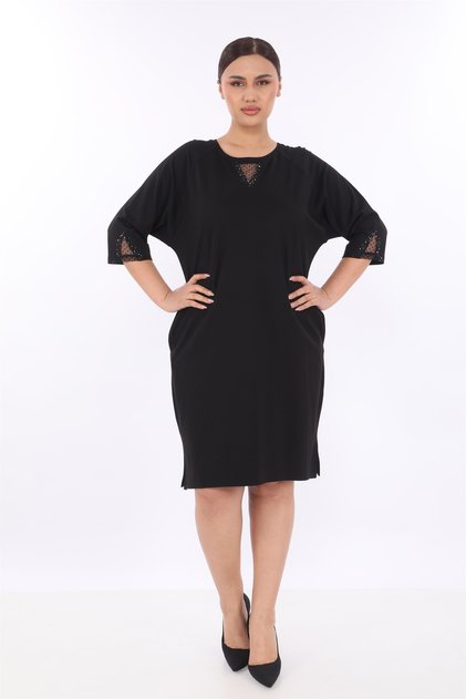 Women's Black Summer Dress with Stones on Sleeves & Collar, Plus Size