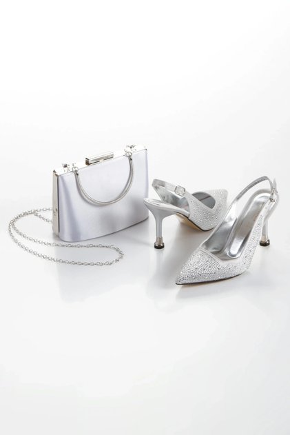 Women's 9 cm Evening Shoes and Bag Satin Silver